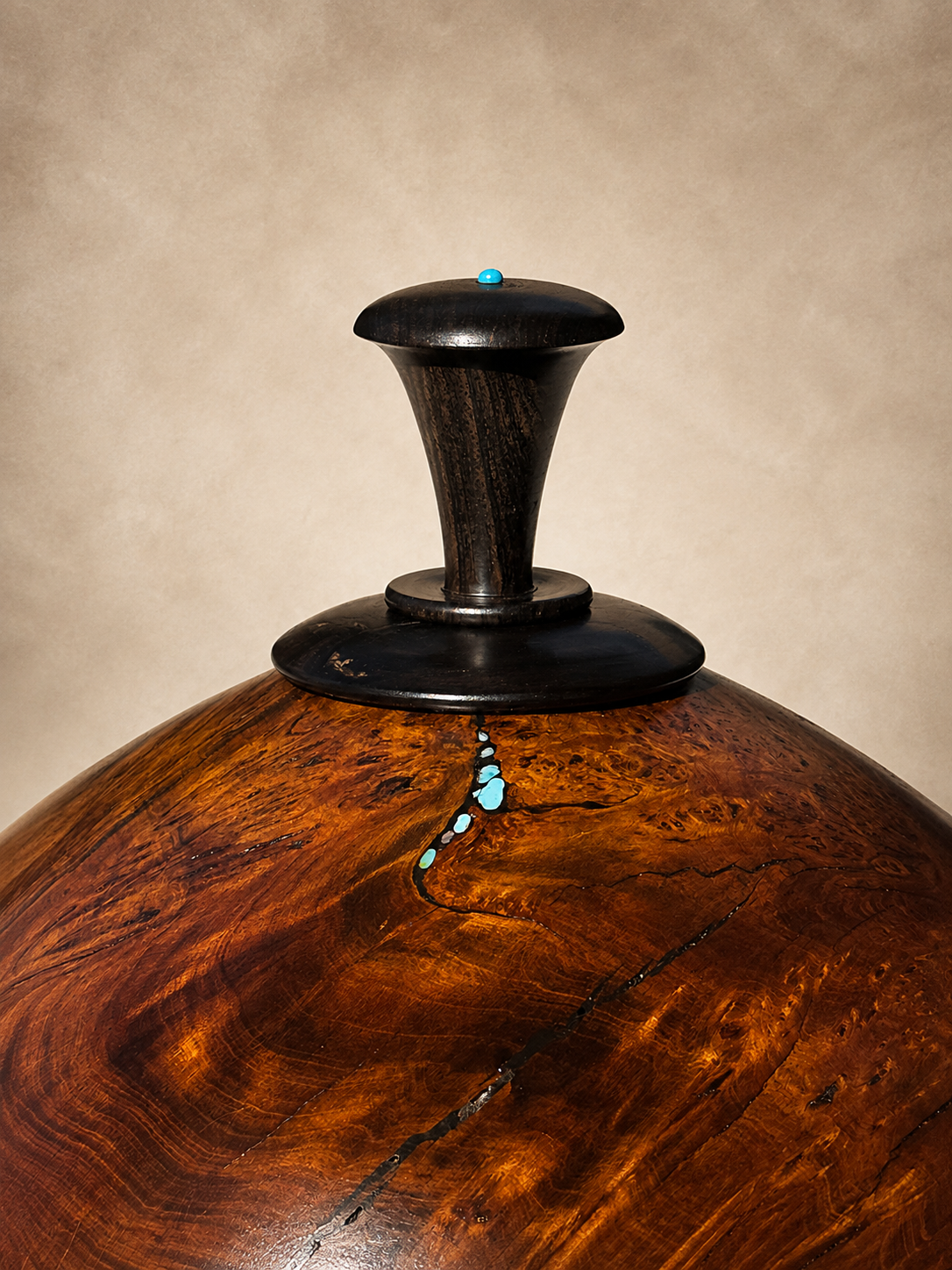 #226 - "Baleia" Alligator Juniper Burl & African Blackwood vessel with Turquoise and Apatite inlay