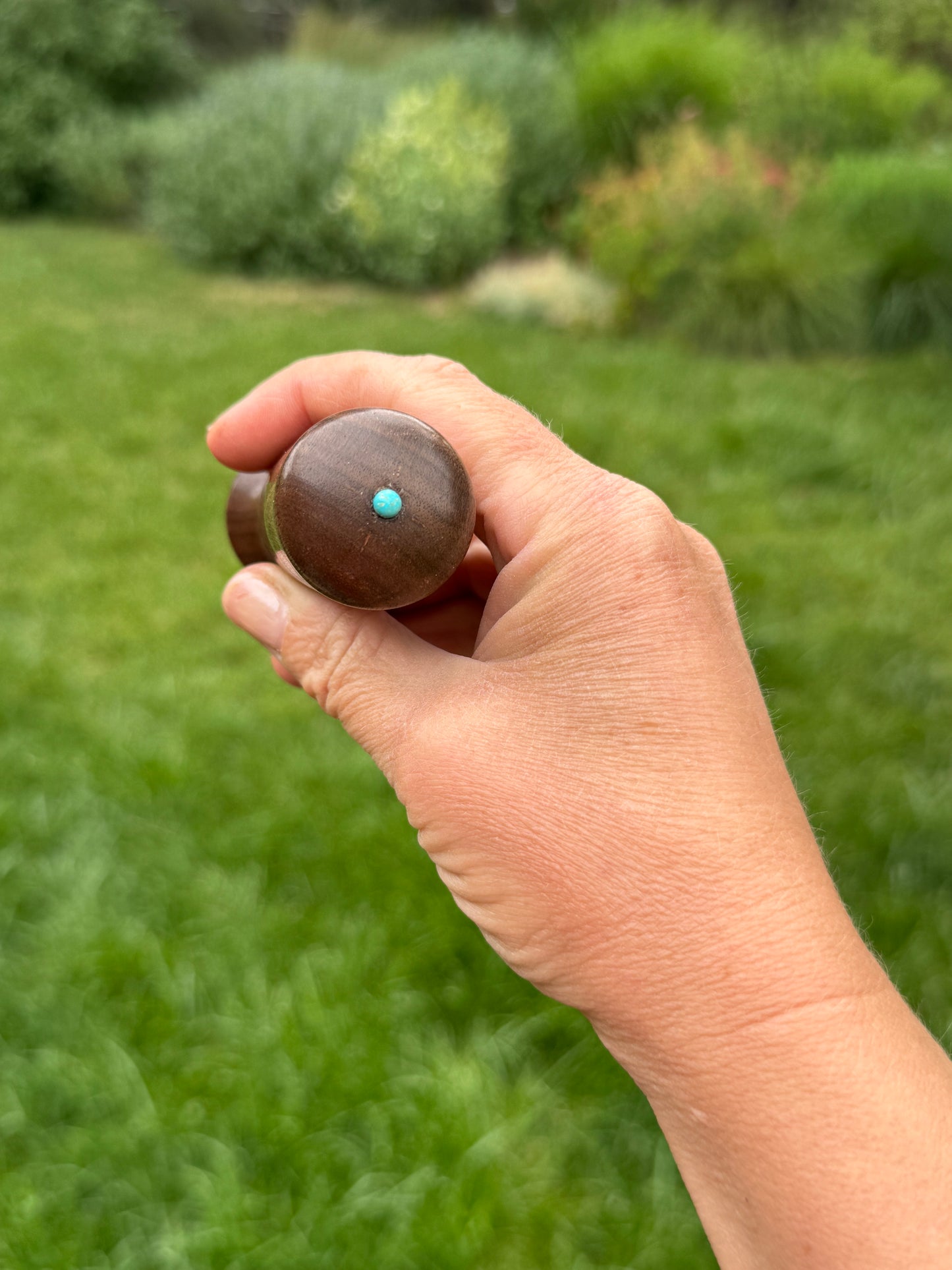 #102 - Curly Walnut Bottle Opener with Fox Turquoise Cabochon