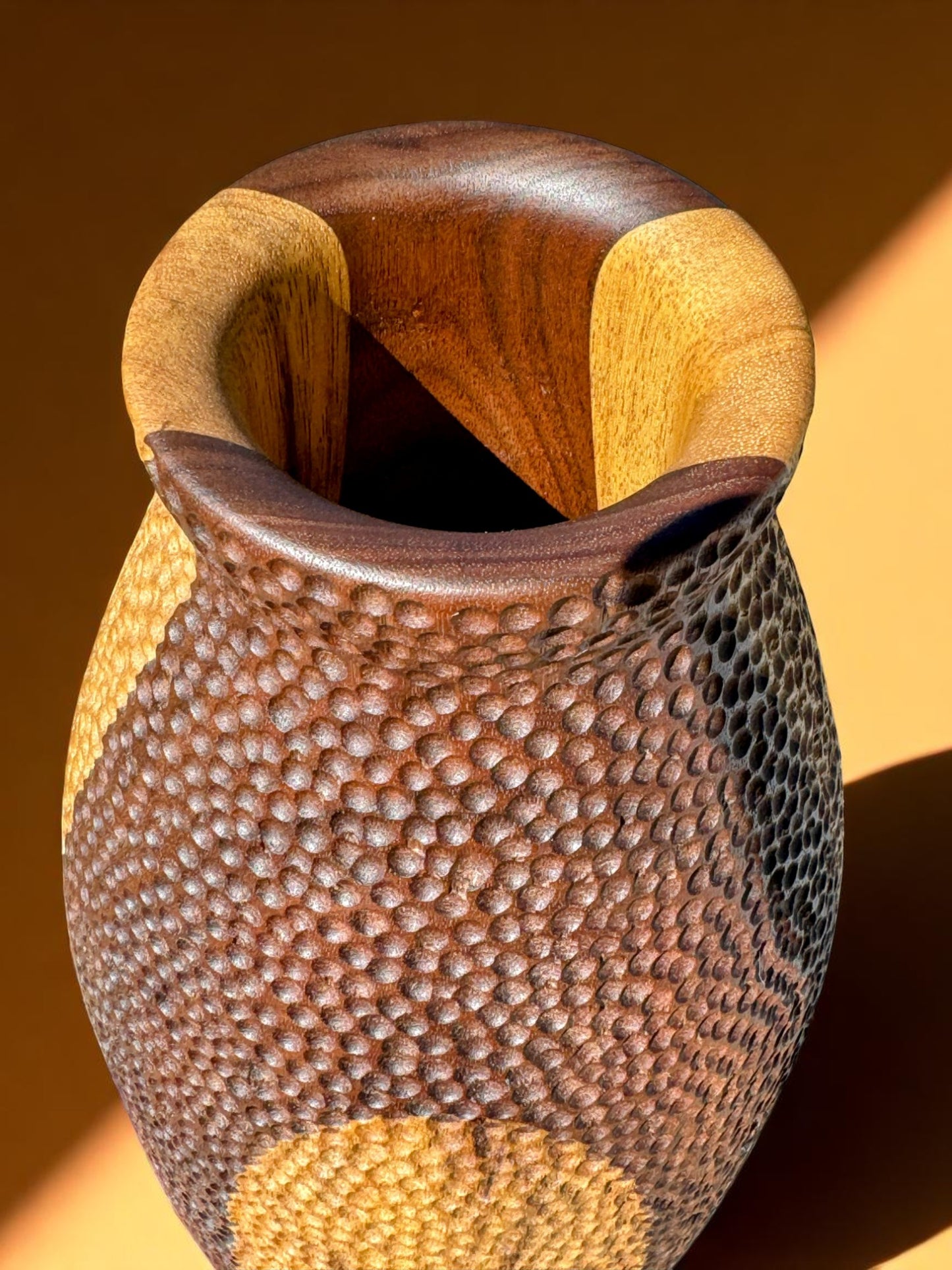 #23 Tall Walnut and White Limba Dimpled Vase