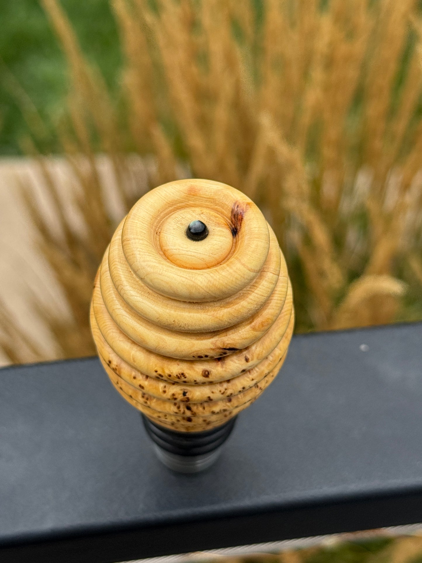 #125 - Cedar Burl Whiskey Bottle Stopper with Black Mother of Pearl Cabochon
