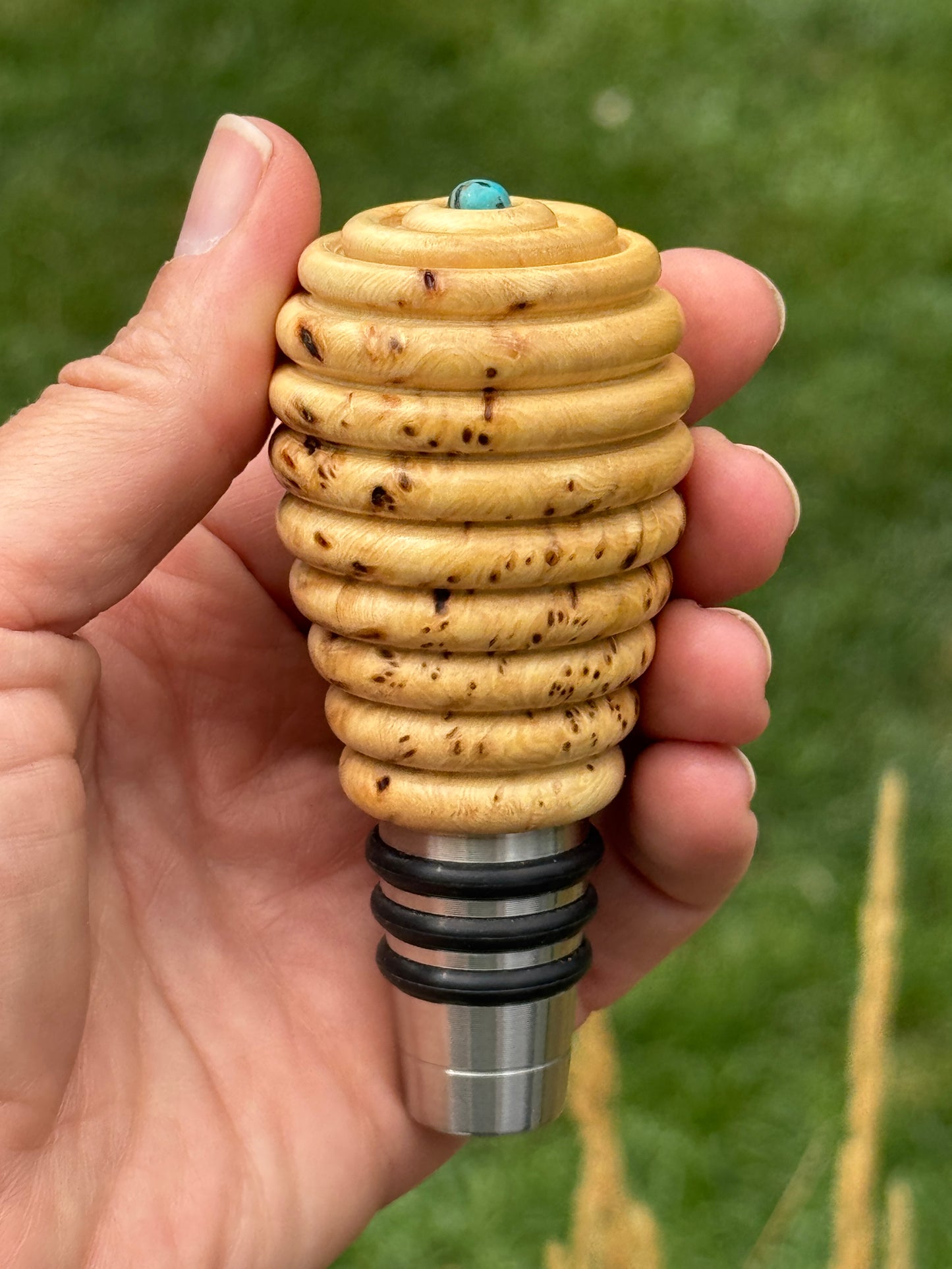 #130 - Cedar Burl Whiskey Bottle Stopper with Fox Turquoise Cabochon