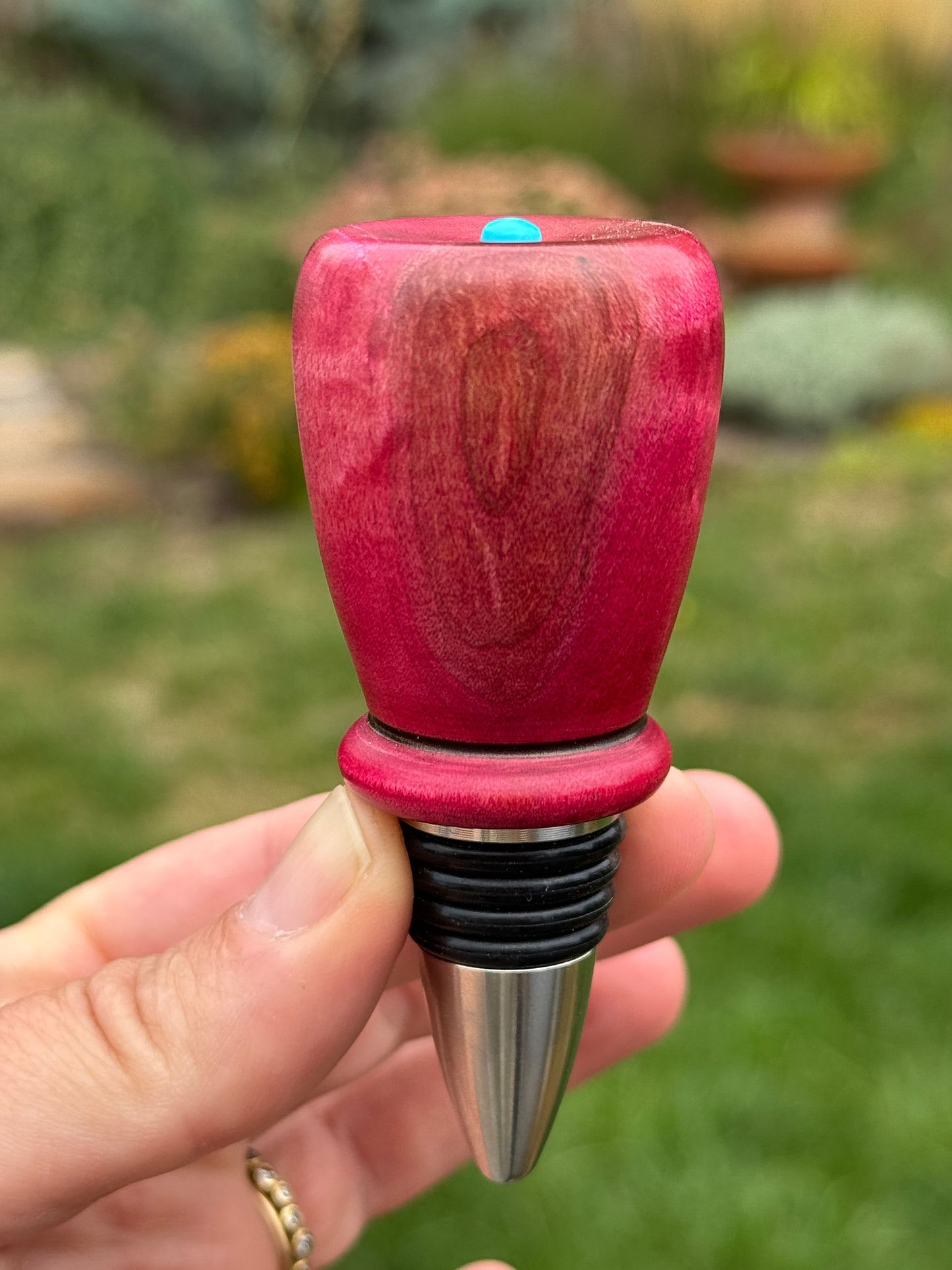 #162 - Magenta Figured Maple Wine/Whiskey Bottle Stopper with Sleeping Beauty Turquoise Cabochon