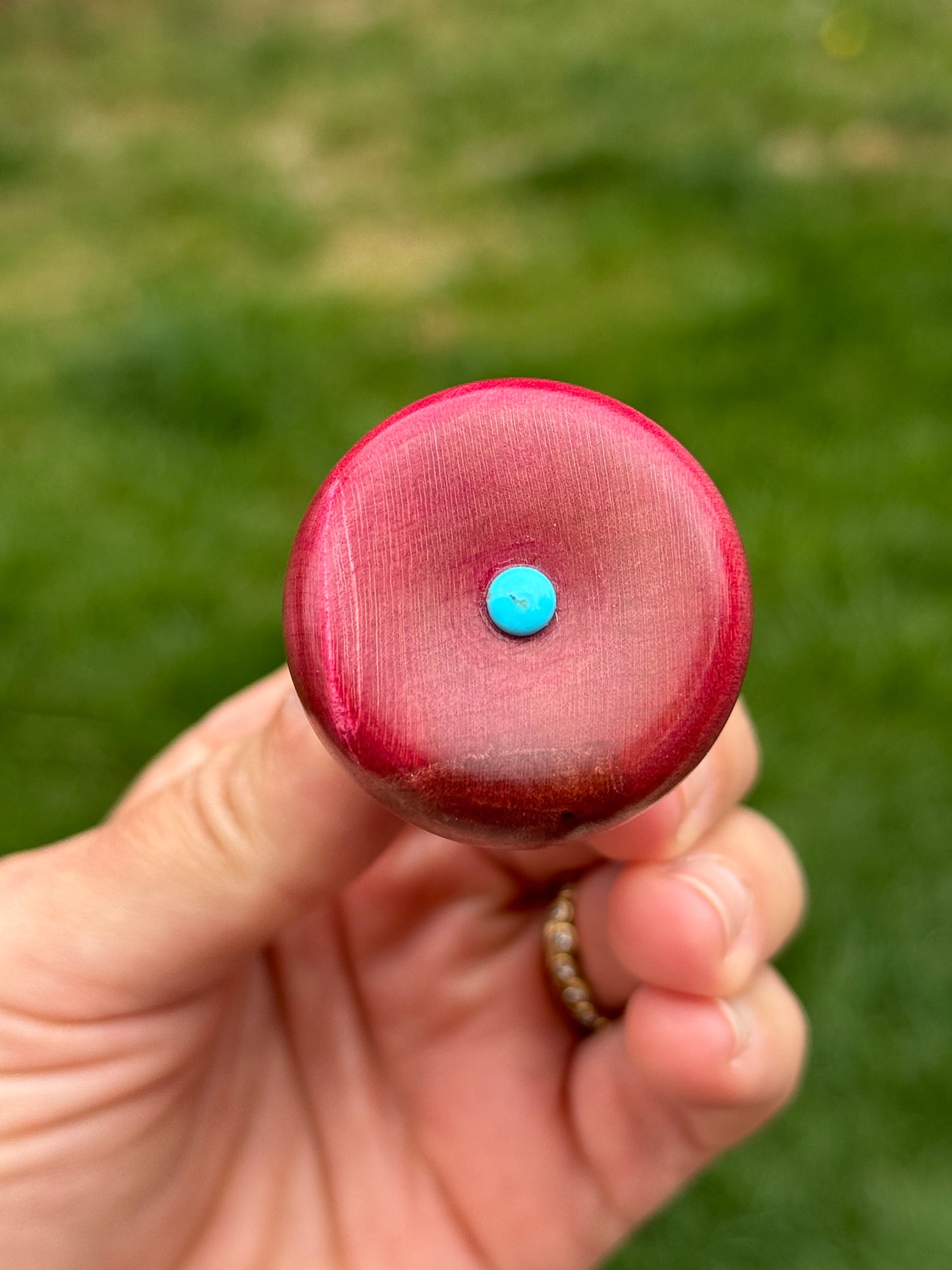 #162 - Magenta Figured Maple Wine/Whiskey Bottle Stopper with Sleeping Beauty Turquoise Cabochon