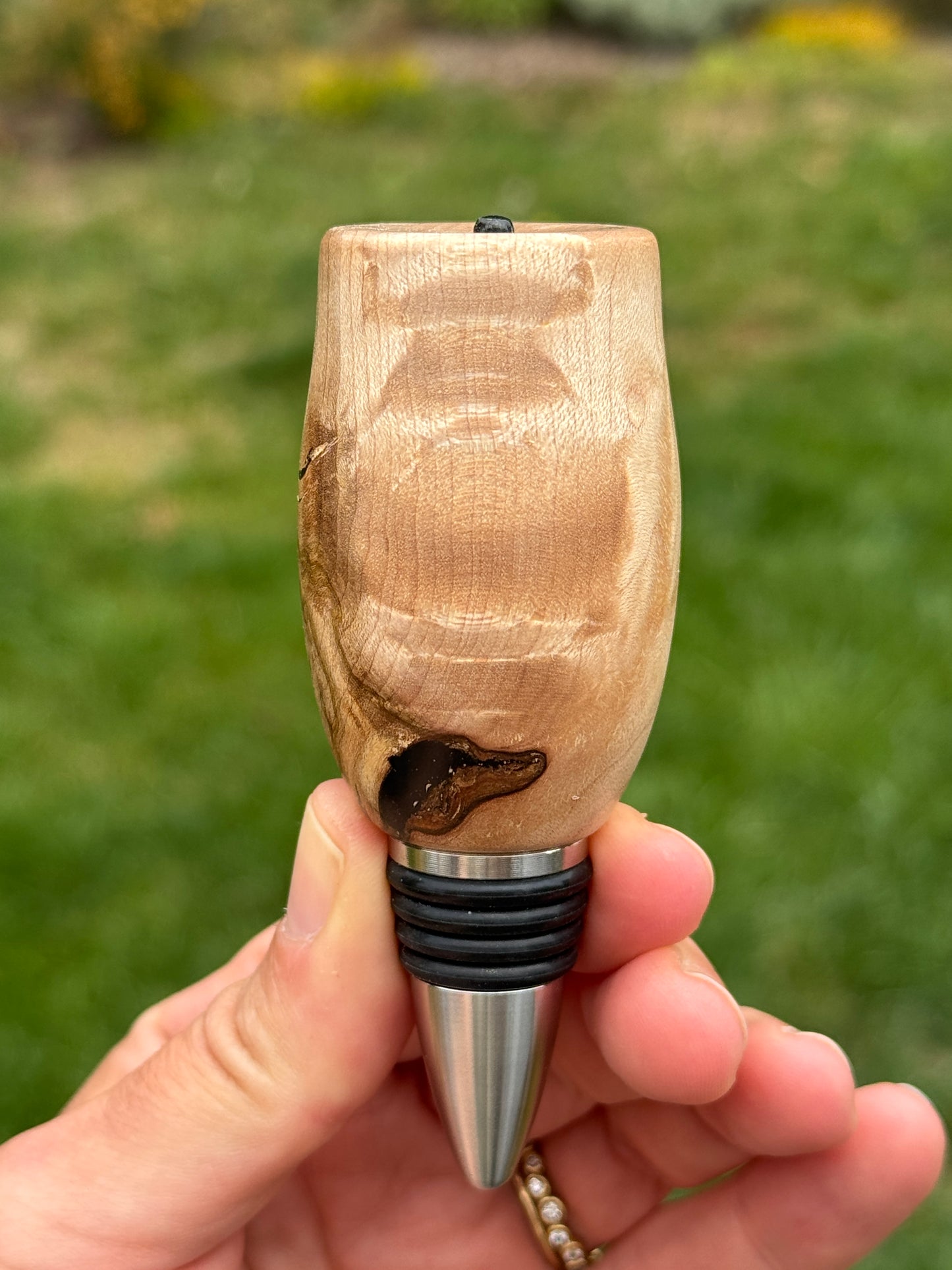 #163 - Figured Maple Wine/Whiskey Bottle Stopper with Black Mother-of-Pearl Cabochon