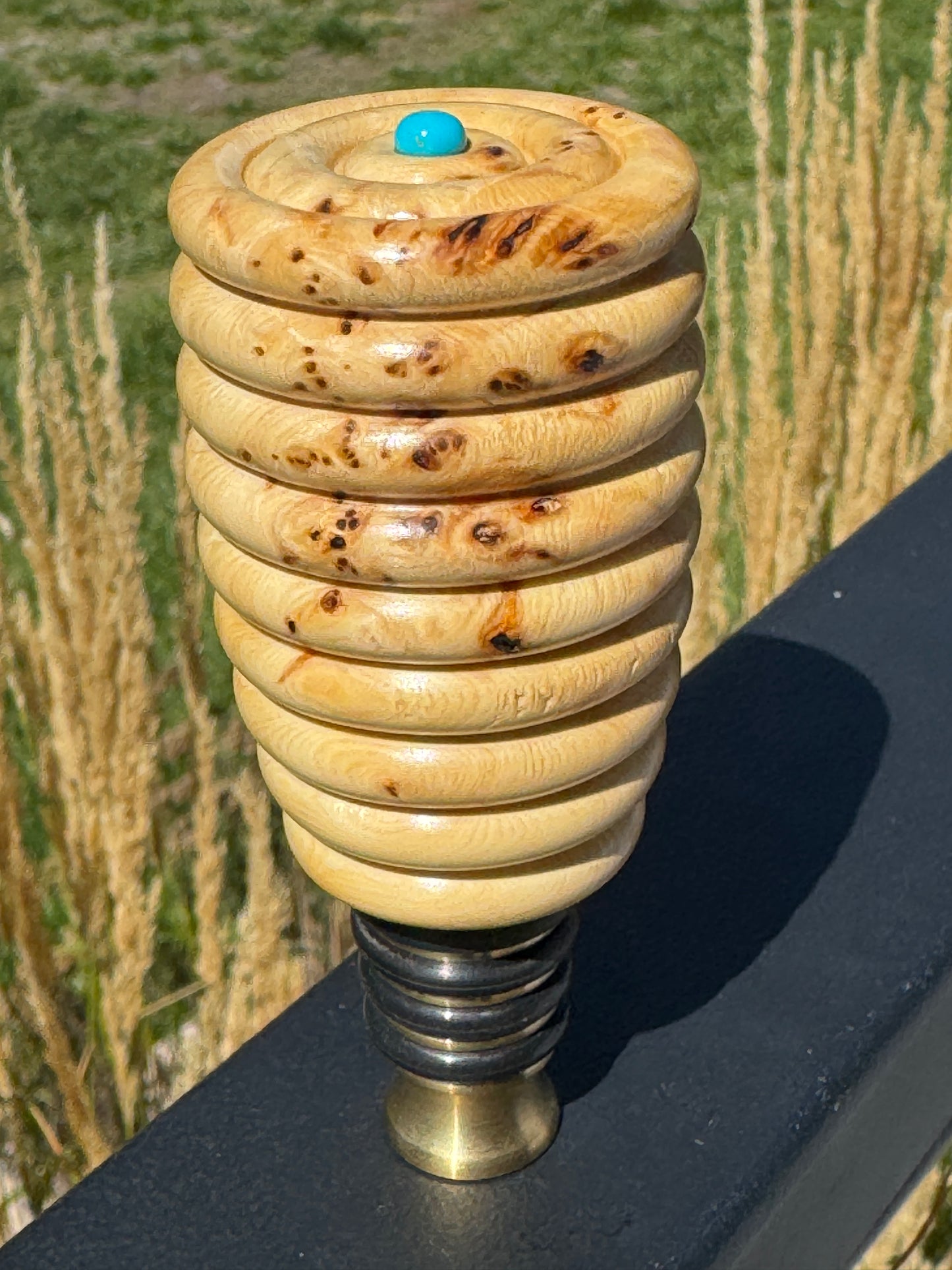 #178 - Yellow Cedar Burl Beaded Wine/Whiskey Brass Bottle Stopper with Sleeping Beauty Turquoise Cabochon