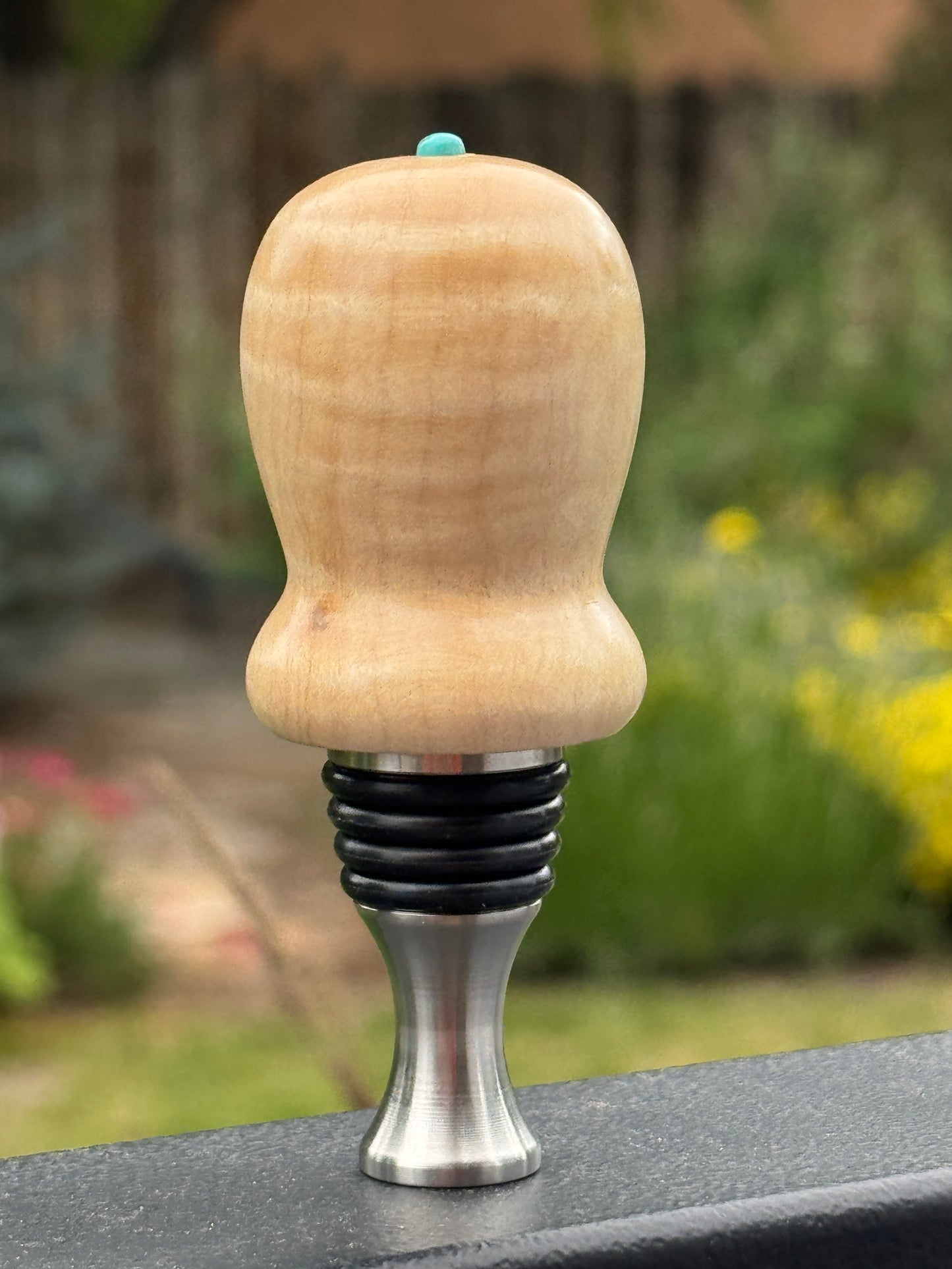 #108 - Curly Maple Burl Bottle Stopper with Fox Turquoise Cabochon