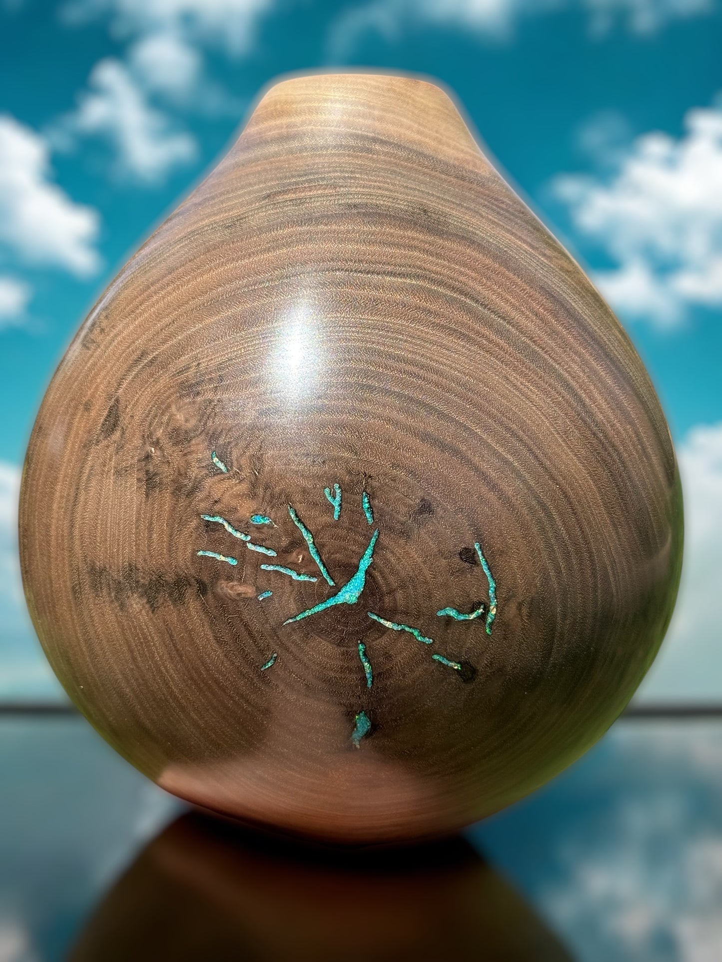 #115 - Walnut Vessel with Aquamarine Blue Opal Inlay