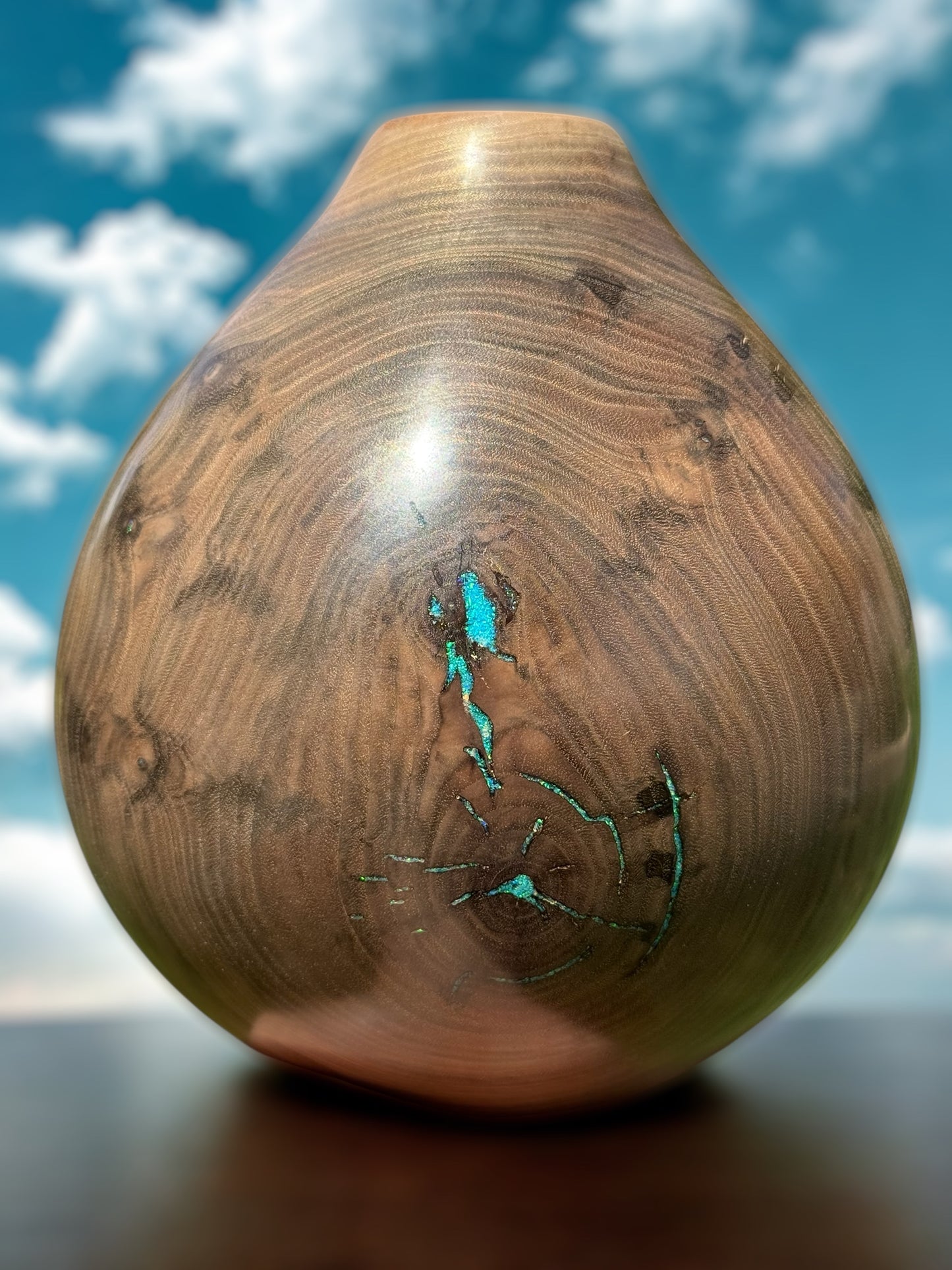 #115 - Walnut Vessel with Aquamarine Blue Opal Inlay