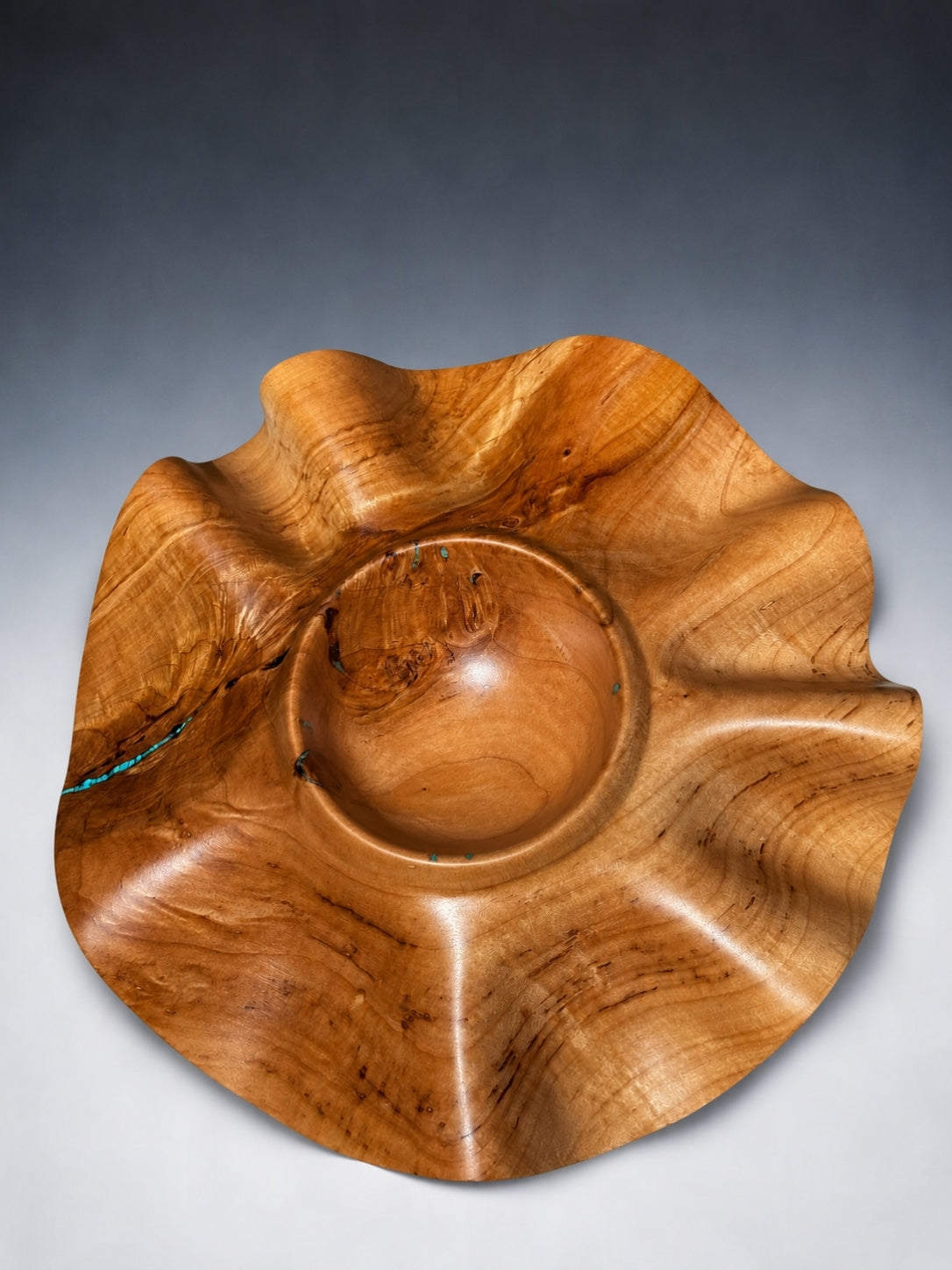 #201 - "Twirl" Soft Maple Wave Bowl with Kingman Turquoise Inlay and African Blackwood legs