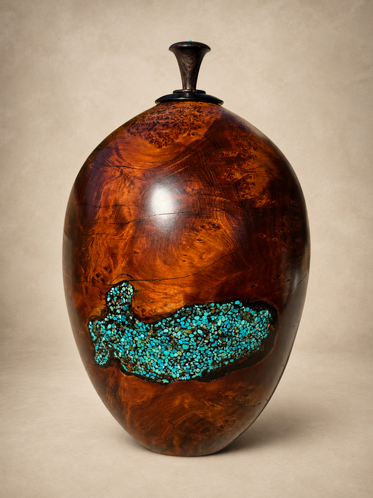 #226 - "Baleia" Alligator Juniper Burl & African Blackwood vessel with Turquoise and Apatite inlay
