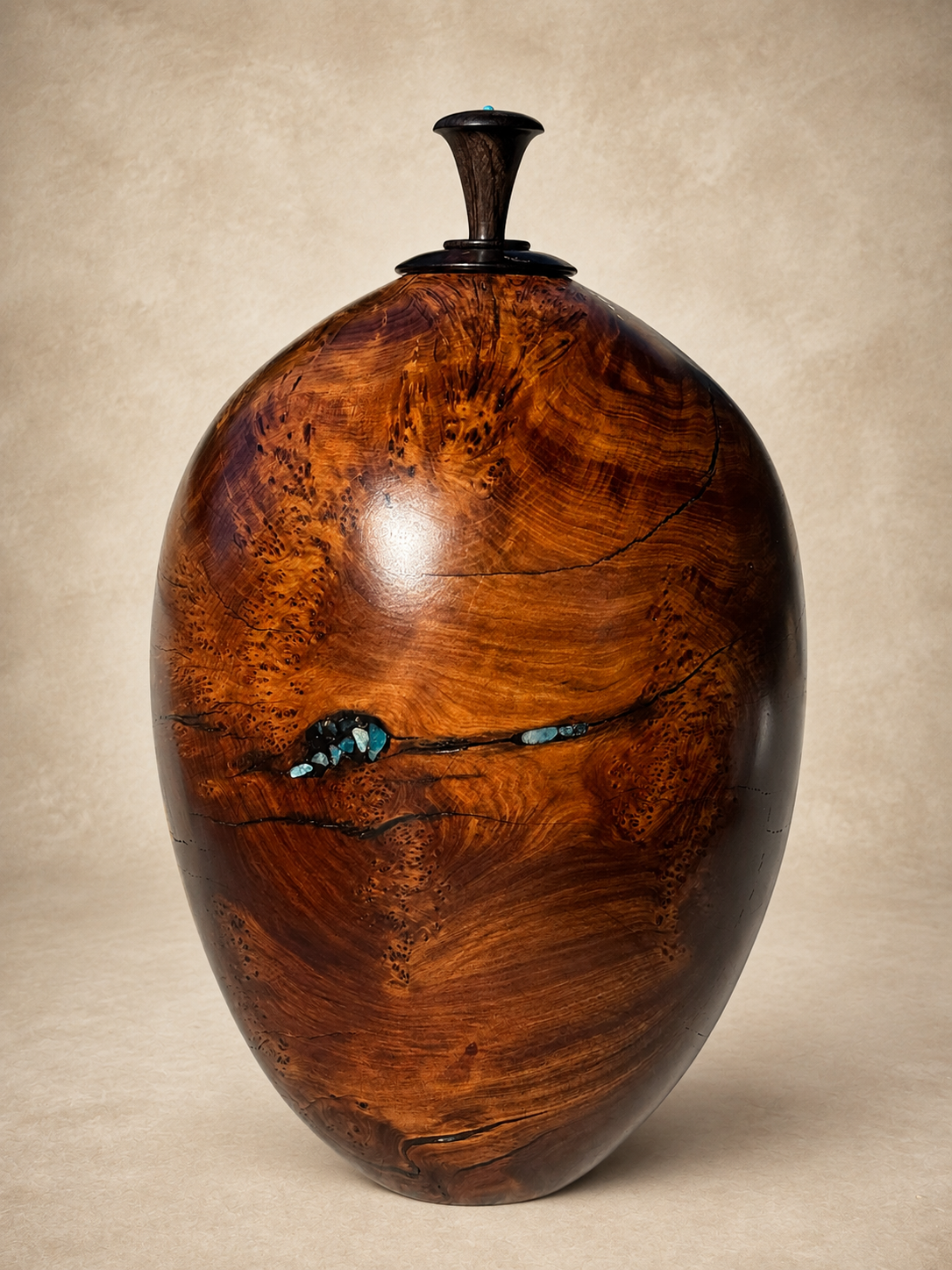 #226 - "Baleia" Alligator Juniper Burl & African Blackwood vessel with Turquoise and Apatite inlay