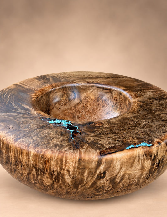 #229 - Ebonized Maple Burl Bowl with Kingman Turquoise Inlay