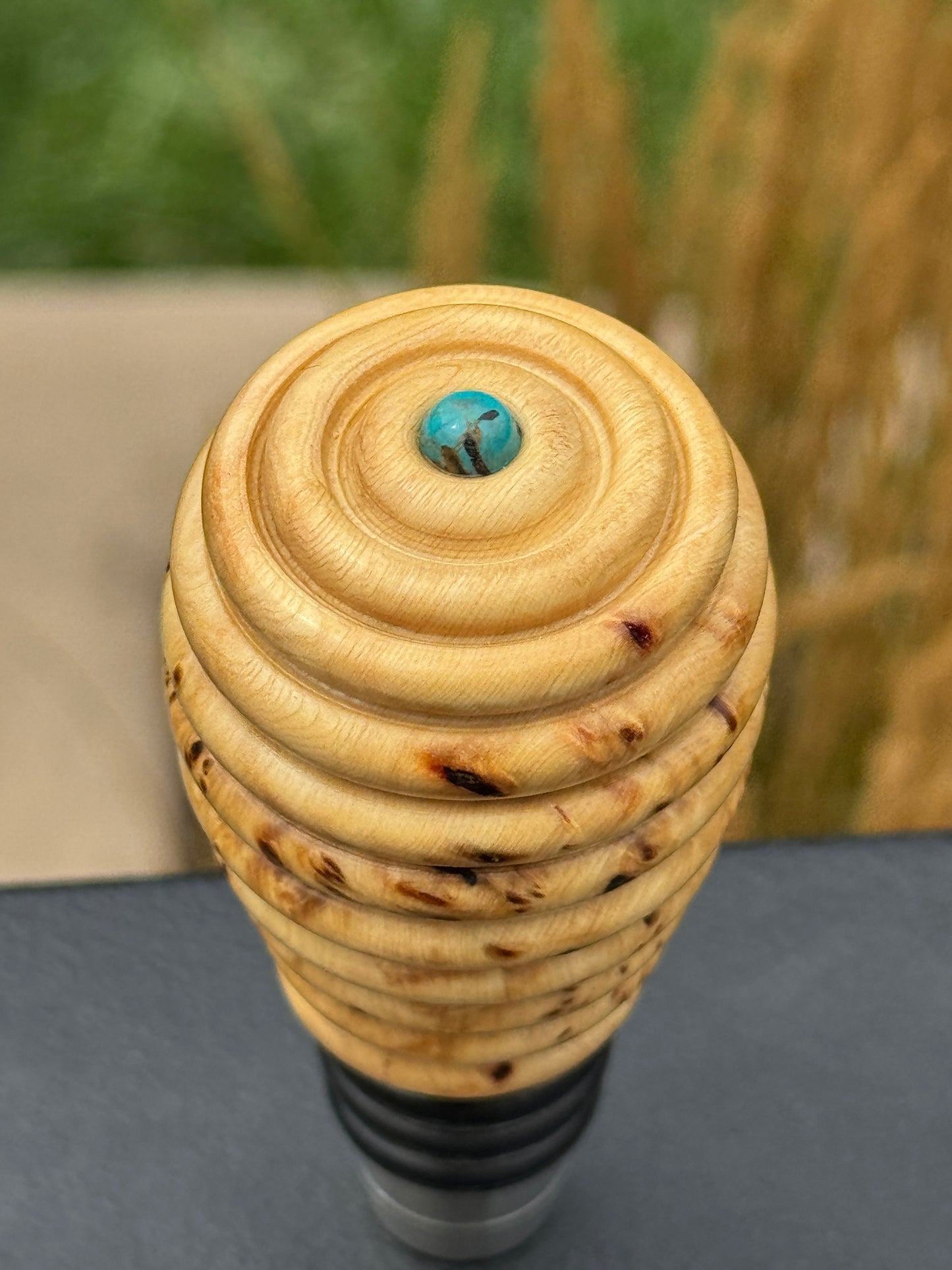 #130 - Cedar Burl Whiskey Bottle Stopper with Fox Turquoise Cabochon