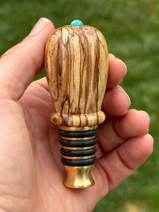 #133 - Spalted Beech Wine Bottle Stopper with Fox Turquoise Cabochon