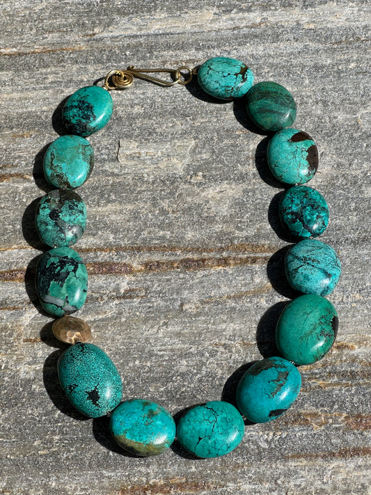 #157 - Stabilized Turquoise Necklace with Hammered Goldtone Bead