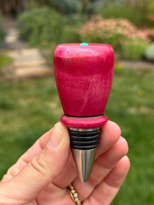 #162 - Magenta Figured Maple Wine/Whiskey Bottle Stopper with Sleeping Beauty Turquoise Cabochon
