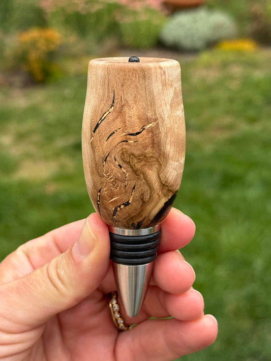 #163 - Figured Maple Wine/Whiskey Bottle Stopper with Black Mother-of-Pearl Cabochon