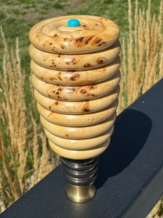 #178 - Yellow Cedar Burl Beaded Wine/Whiskey Brass Bottle Stopper with Sleeping Beauty Turquoise Cabochon