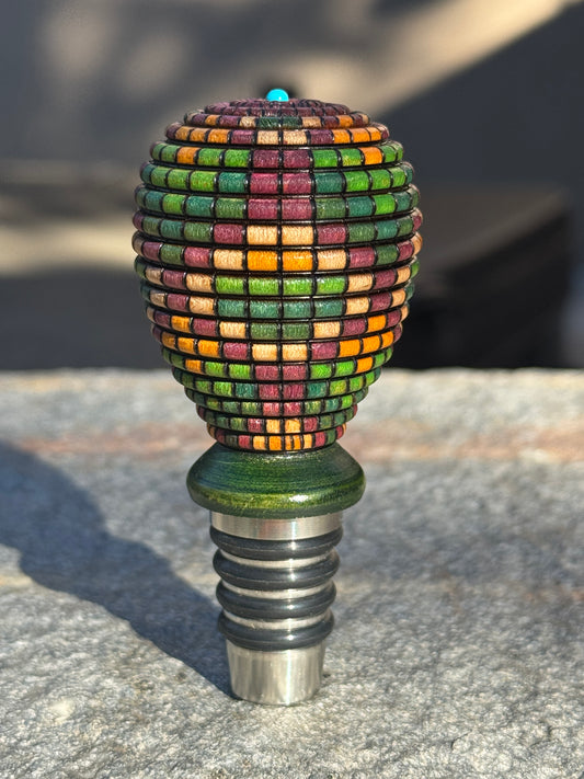 #184 - Green, Purple and Yellow Basket Illusion Hot Air Balloon Wine Bottle Stopper with Sleeping Beauty Turquoise Cabochon