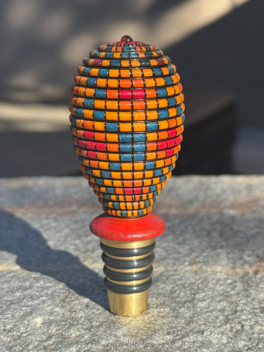#185 - Red, Orange and Blue Basket Illusion Hot Air Balloon Wine Bottle Stopper with Carnelian Cabochon