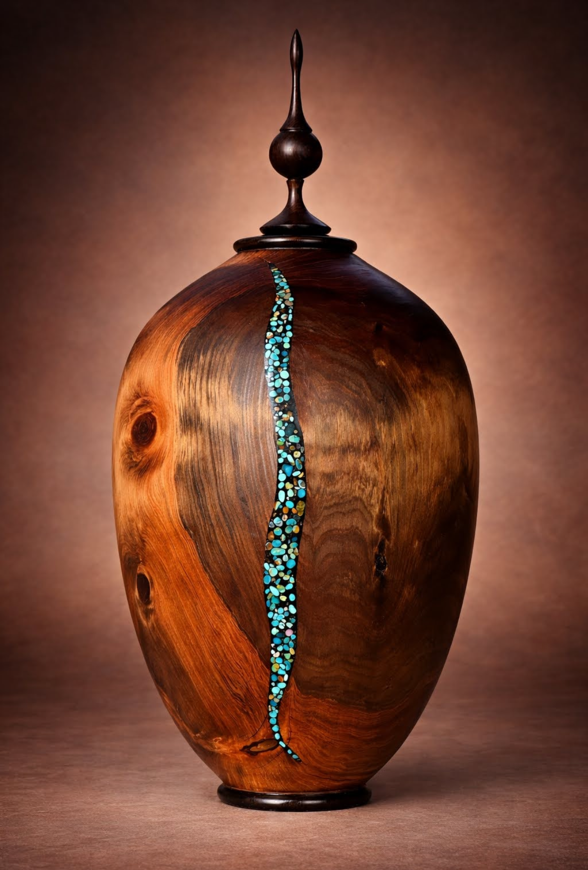 #196 - Ebonized Alligator Juniper and African Blackwood Vessel with Kingman Turquoise Inlay