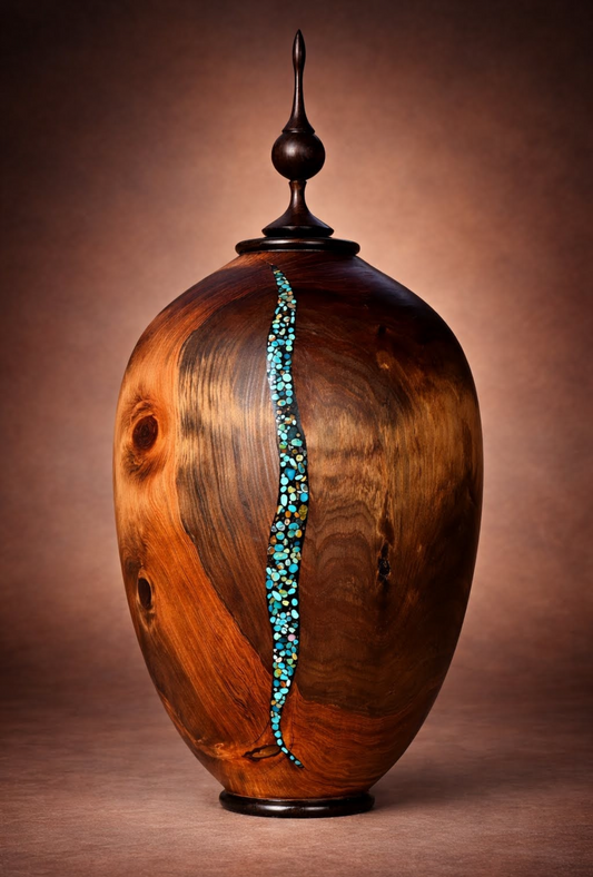 #196 - Ebonized Alligator Juniper and African Blackwood Vessel with Kingman Turquoise Inlay