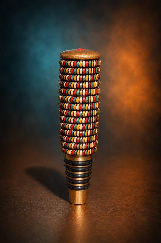 #224 - Green, Red, Yellow and White Basket Illusion Stopper with Coral Cabochon