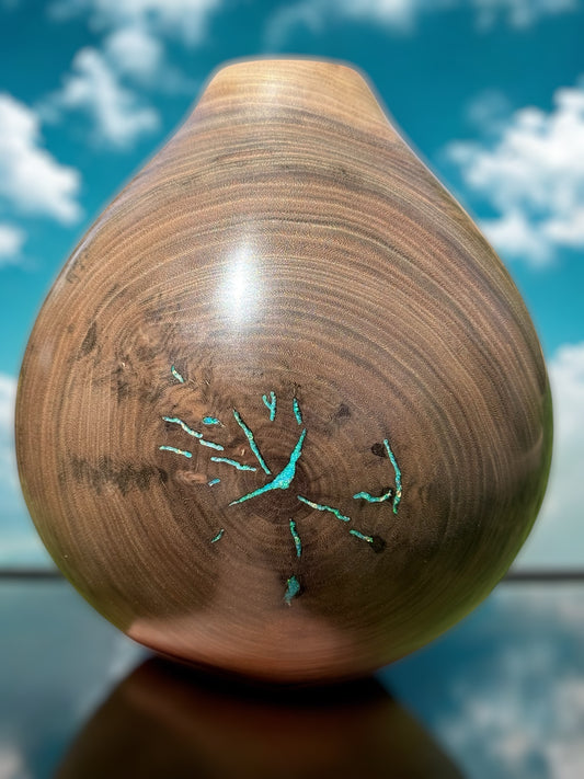 #115 - Walnut Vessel with Aquamarine Blue Opal Inlay