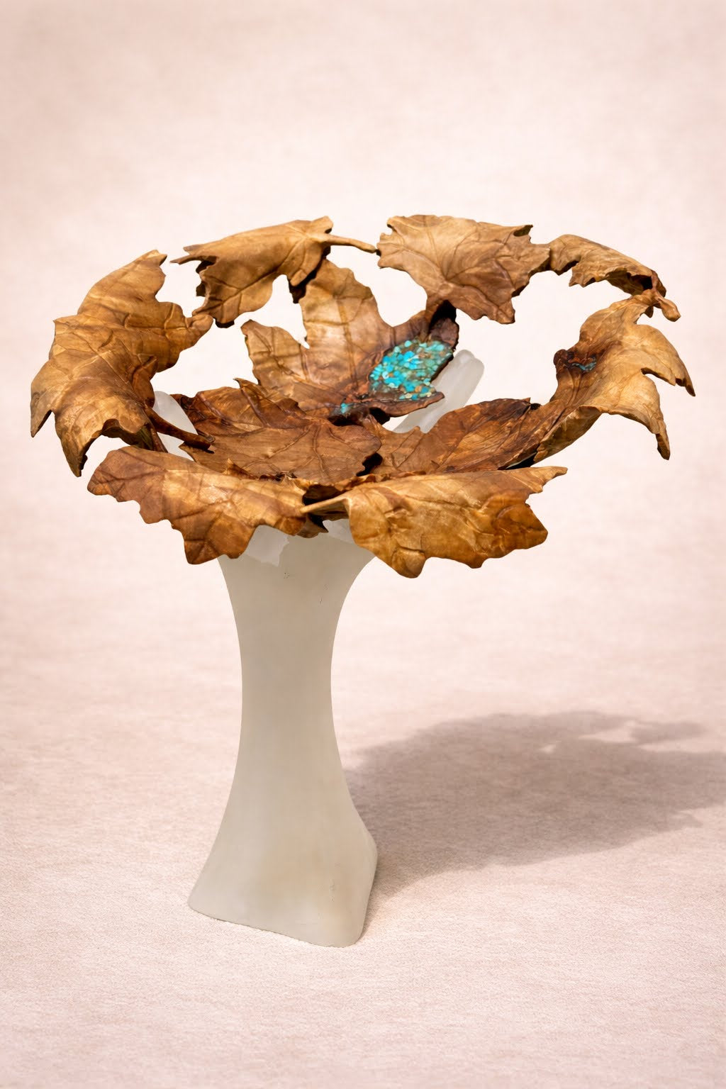 #197 - Maple Leaf Carved Quilted Poplar Bowl with Kingman Turquoise Inlay