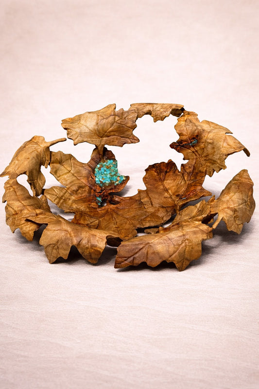 #197 - Maple Leaf Carved Quilted Poplar Bowl with Kingman Turquoise Inlay