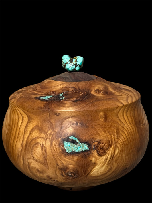 #64 XL Russian Olive Vessel with Claro Walnut lid and Turquoise Inlay