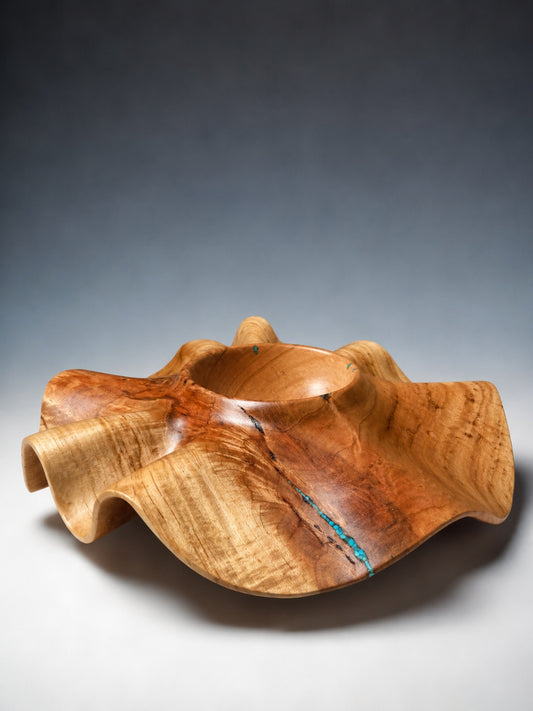 #201 - "Twirl" Soft Maple Wave Bowl with Kingman Turquoise Inlay and African Blackwood legs
