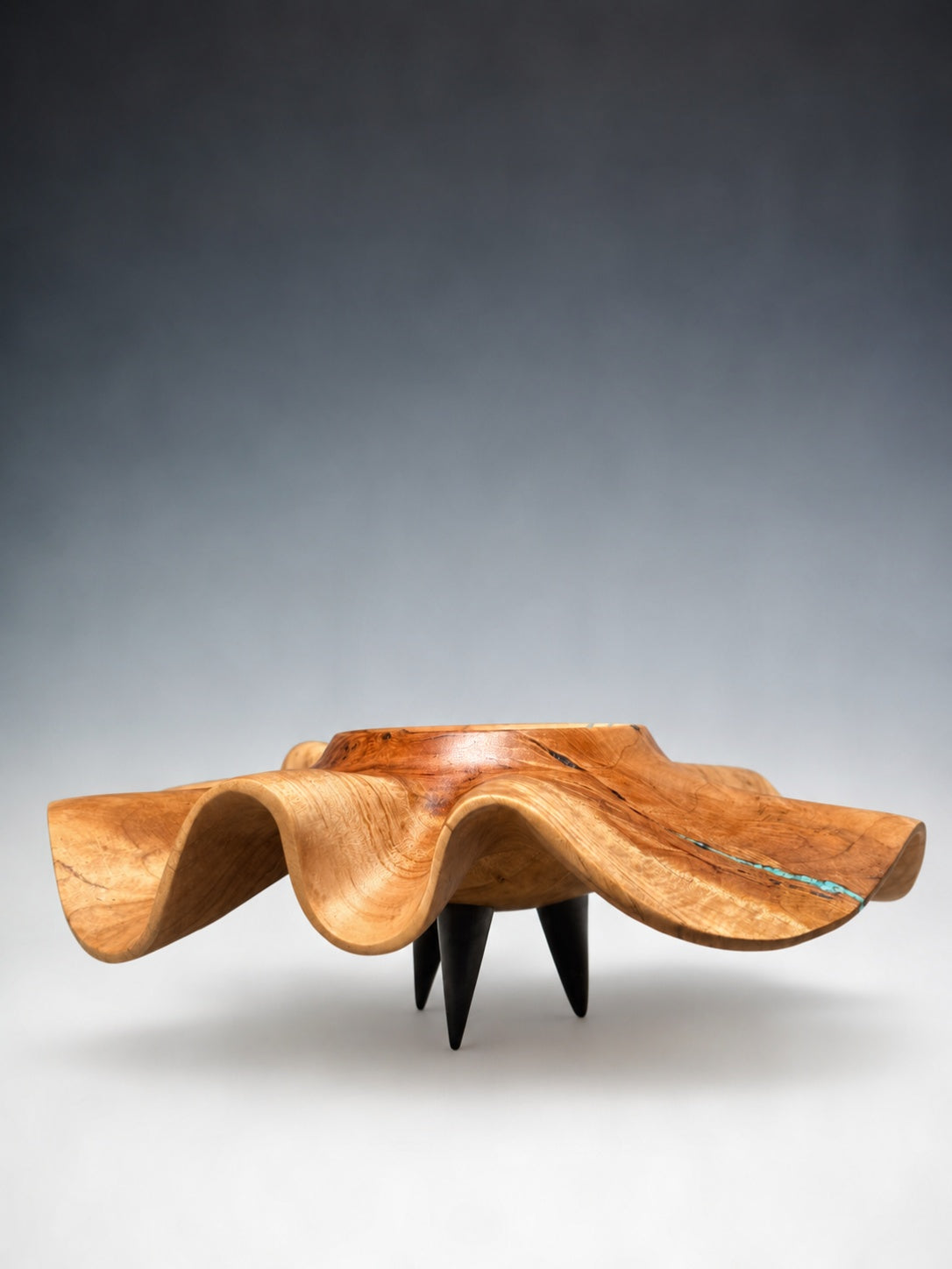 #201 - "Twirl" Soft Maple Wave Bowl with Kingman Turquoise Inlay and African Blackwood legs